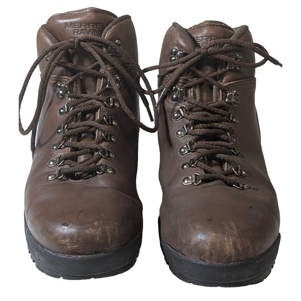 Vintage Merrell Ravine Men's 12 Brown Leather Hiking Boots Made In Korea VTG